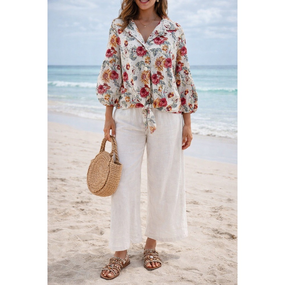 Floral Linen Blend Top Womens Large‎ Cottagecore Boho Tie Front Balloon Sleeve